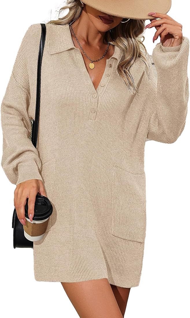 Asskdan Women's 2023 Fall V Neck Long Sleeve Sweater Dress Oversized Casual Lapel Button Pullover... | Amazon (US)