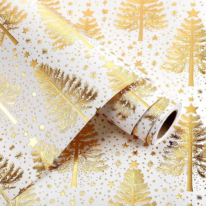 AmazingSpark Christmas Gift Wrapping Papers 16.5 Inch x 33 Feet Roll 3D Embossing Gold Foil Kraft... | Amazon (US)
