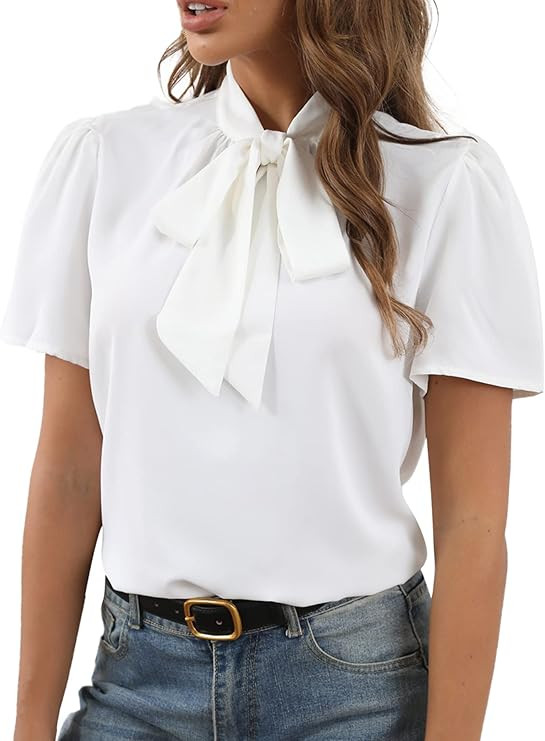 Rooscier Women's Bow Tie Knot Mock Neck Short Sleeve Elegant Workwear Blouse Shirt Top | Amazon (US)