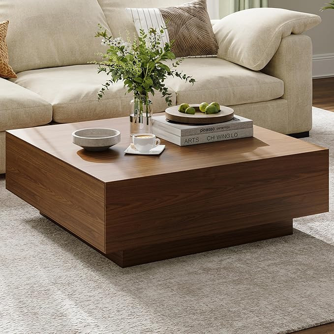 POVISON Mid Century Modern Coffee Table with Storage, Square Coffee Table with Drawers, 39.37" Wo... | Amazon (US)