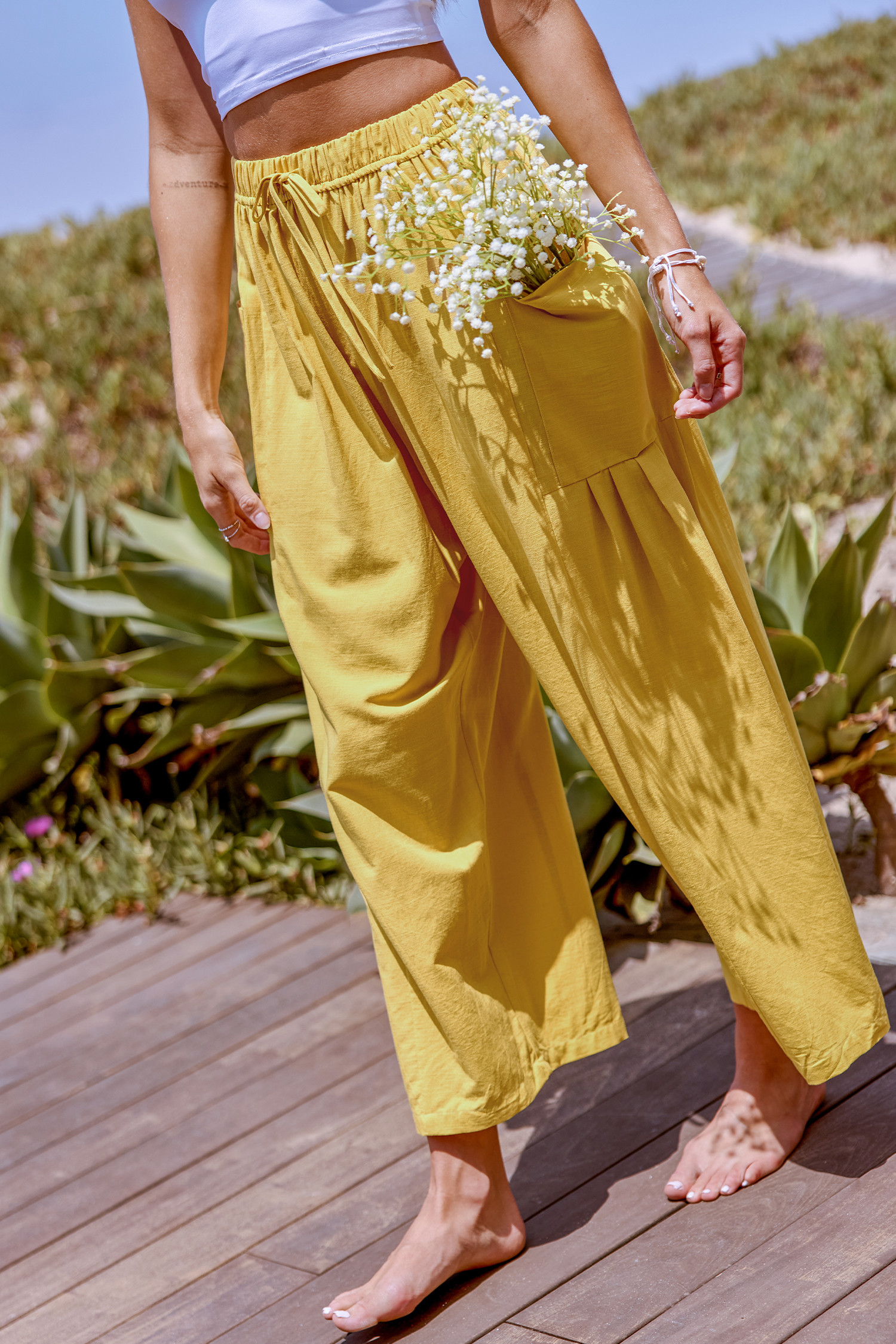 NewYellow Drawstring Wide Leg Pants | Cupshe US