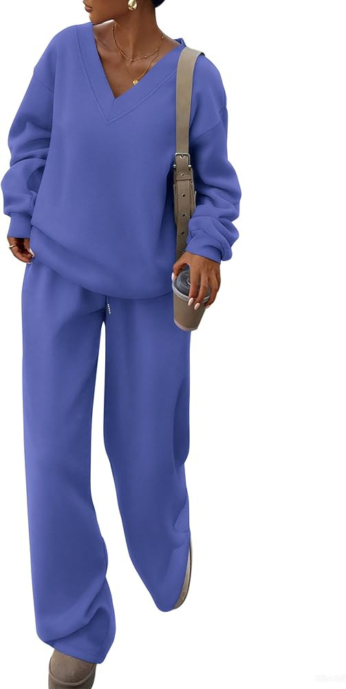 PRETTYGARDEN Casual Winter Two Piece Sets for Women 2026 V Neck Sweatshirt Loose Wide Leg Pants T... | Amazon (US)