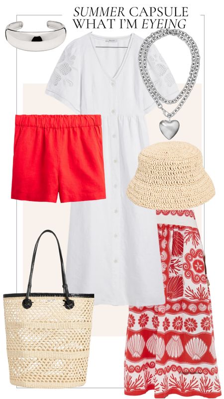 Summer pops of red, what I’m eyeing for summer, summer capsule wardrobe, red linen shorts, silver heart necklace, straw hat, straw bag with black leather trim, printed maxi skirt, white maxi dress 