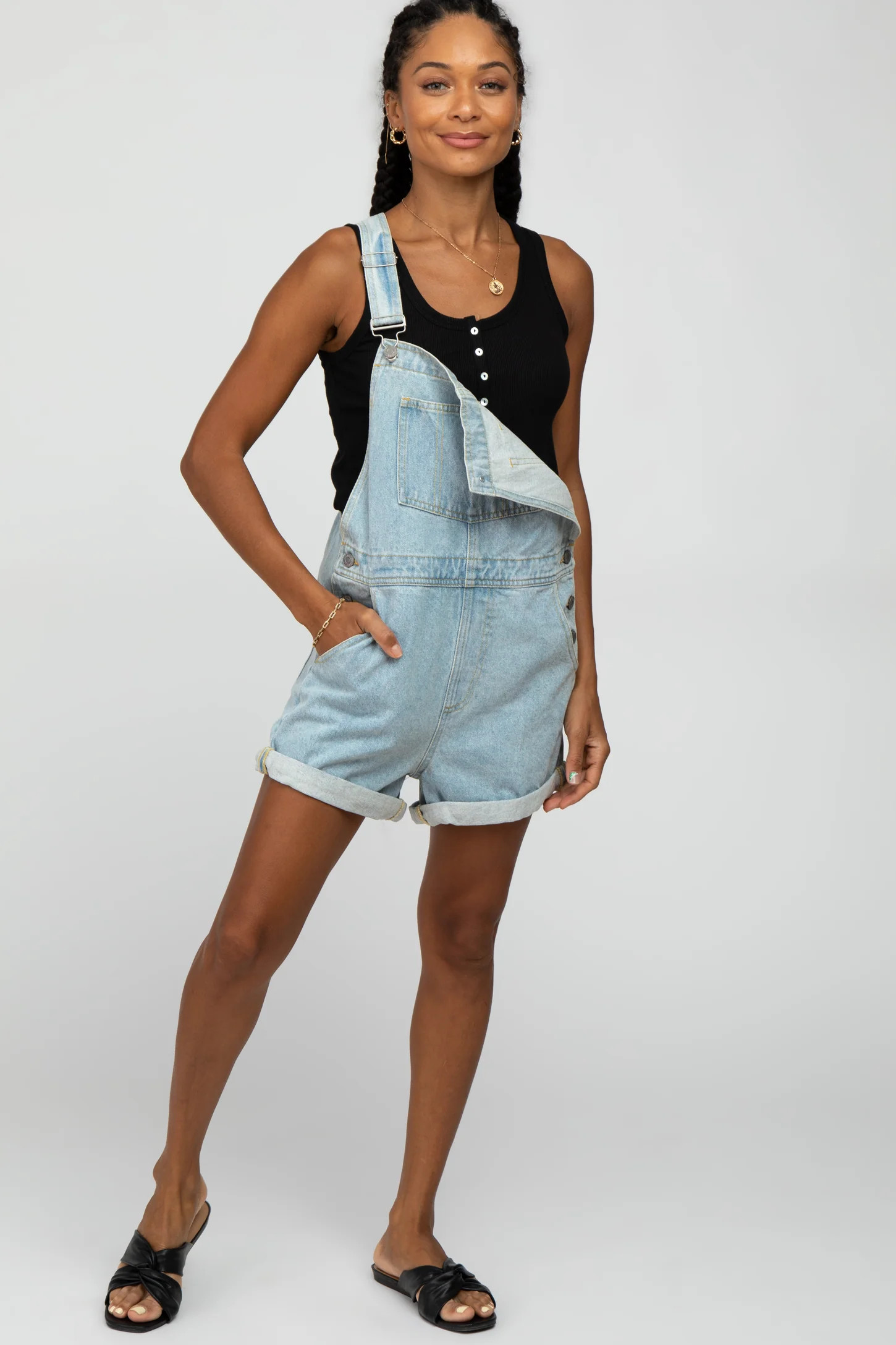 Light Blue Denim Short Overalls | PinkBlush Maternity
