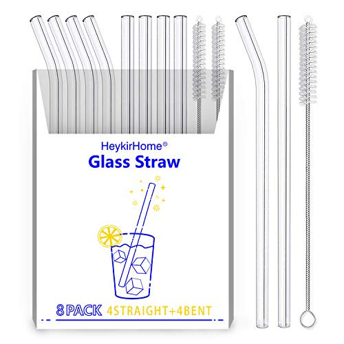 HeykirHome 8-Pack Reusable Glass Straw,Size 8''x10 MM,Including 4 Straight and 4 Bent with 2 Cleanin | Amazon (US)