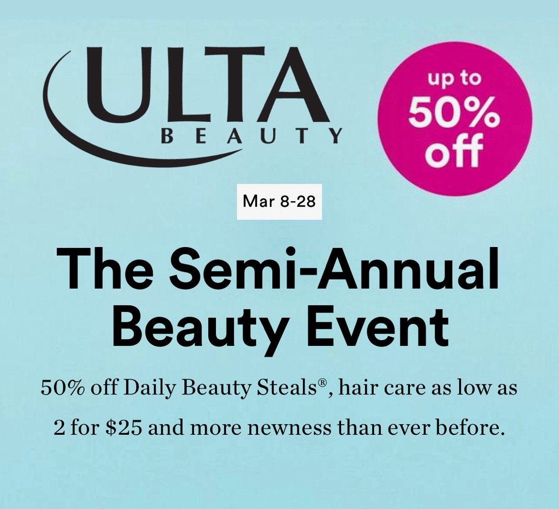 Ulta Semi-Annual Beauty event with select items up to 50% off  daily. #ultabeauty #beautysale

#LTKover40 #LTKsalealert #LTKbeauty