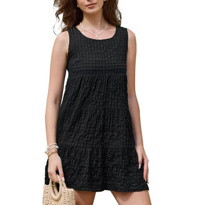 INSPIRE CHIC Women's Gingham Mesh Sleeveless Scoop Neck Lined Swing Tiered A-Line Mini Dresses Medium Black | Target