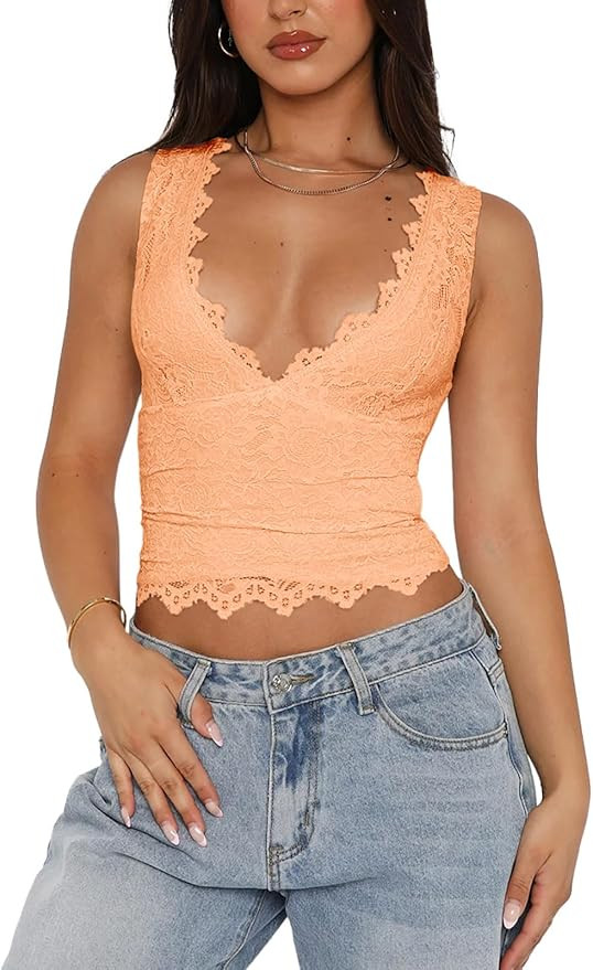 REORIA Womens Sexy V-Neck Sleeveless Double Lined Going Out Y2K Trendy Lace Cropped Tank Tops | Amazon (US)