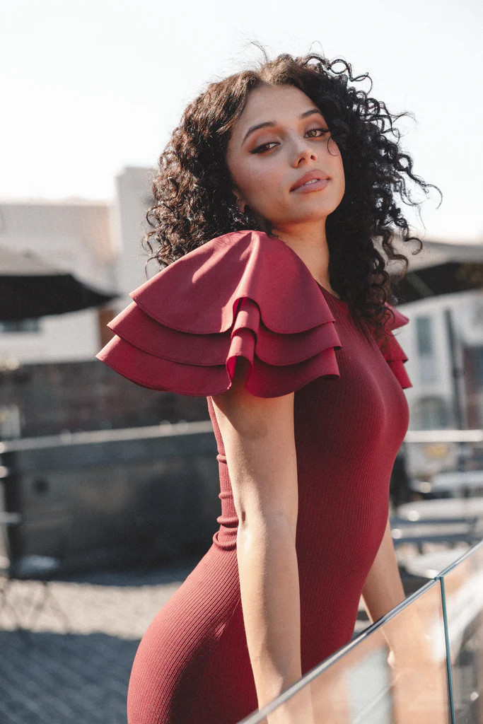 Cally Ruffle Sleeve Midi Dress - Wine | Petal & Pup (US)