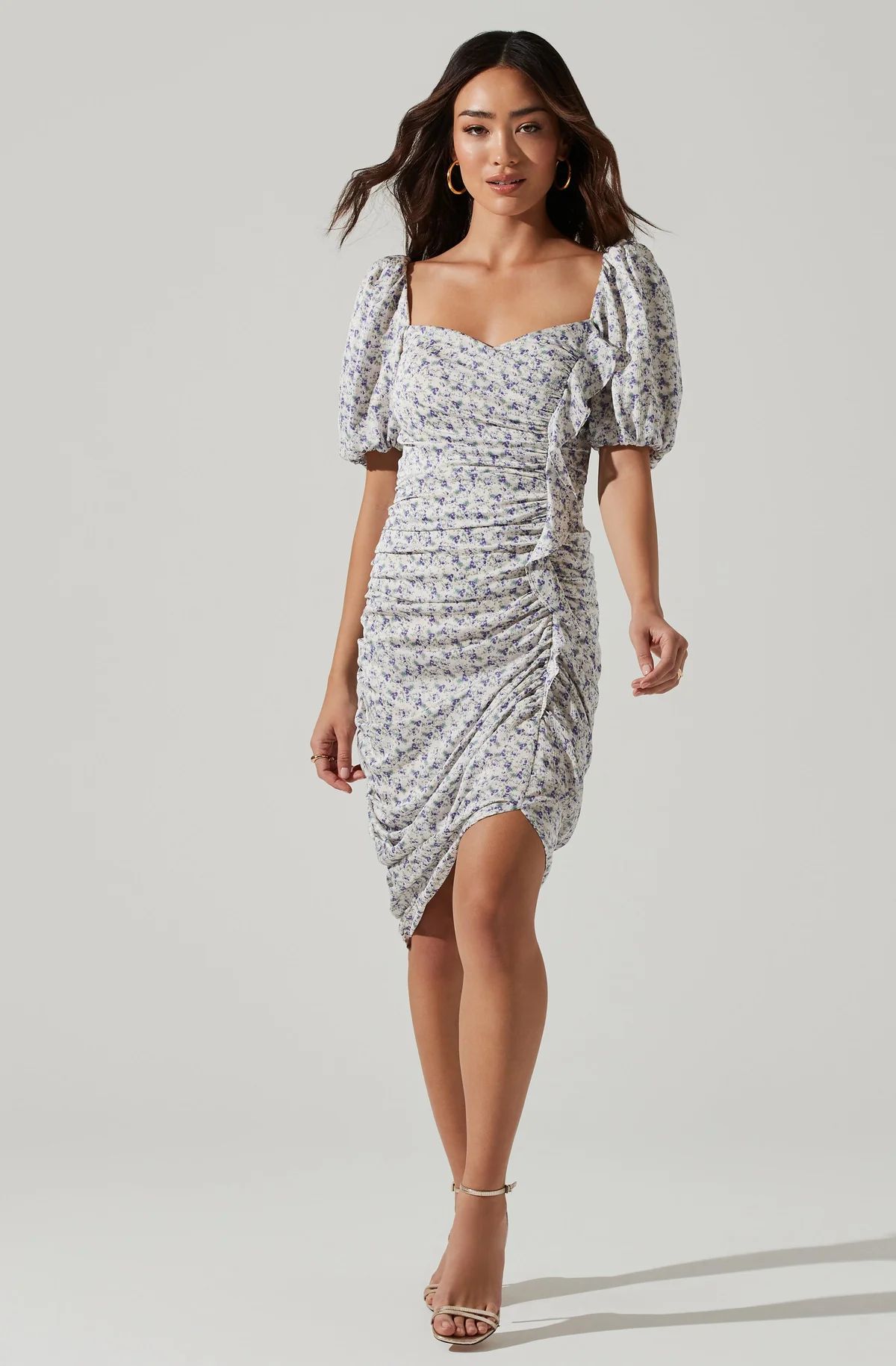 Emma Floral Puff Sleeve Ruched Midi Dress | ASTR The Label (US)