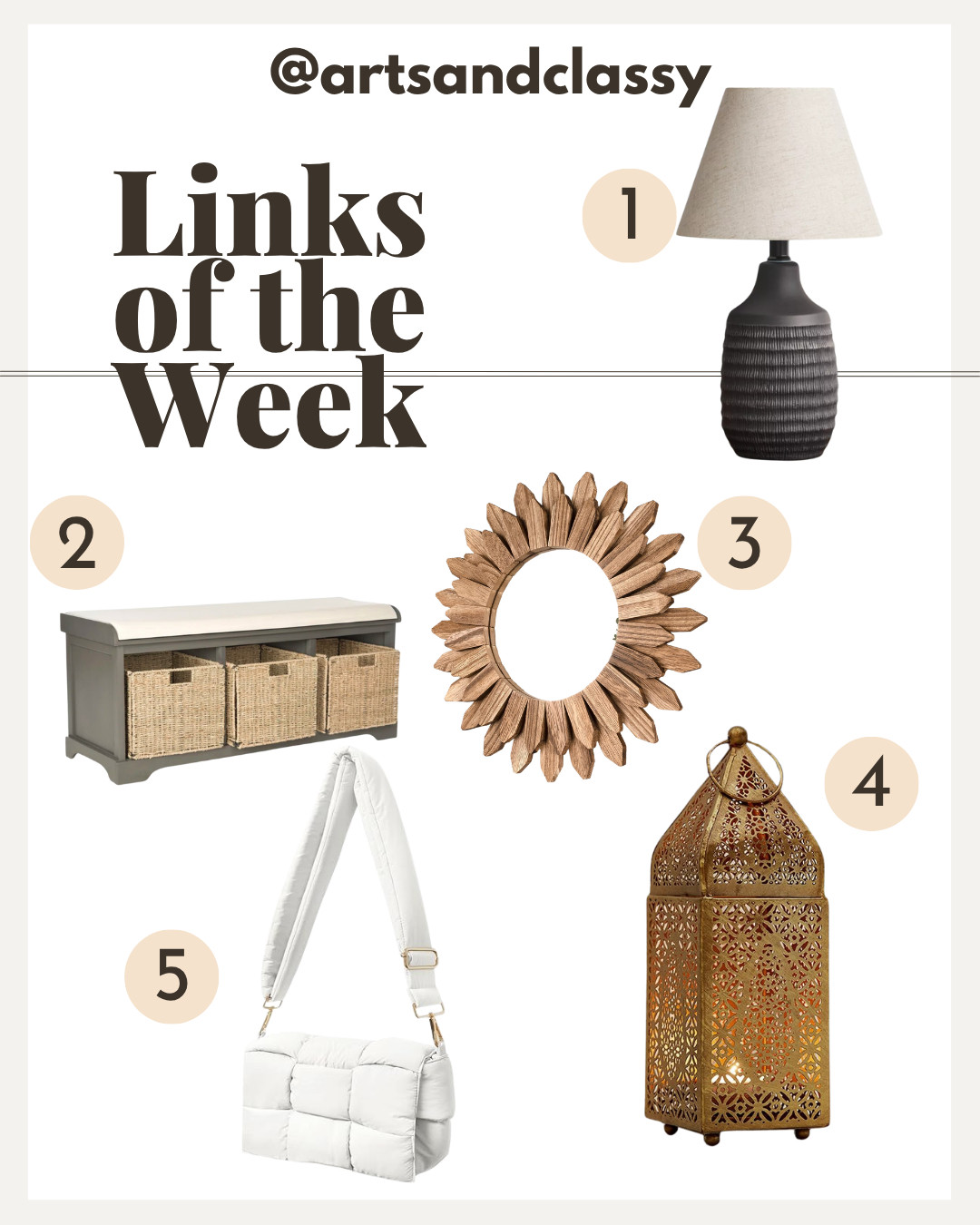 Here are the Top 5 most loved links from my LTK shop this week—and they’re giving cozy, stylish, and totally functional energy:

1. Small Textured Ceramic Lamp Base – Black (Threshold™)
This little cutie adds instant style to a side table or console. The texture and matte black finish give it that modern, elevated vibe. DID I MENTION IT'S ON SALE!?!?

2. Painswick Canvas Upholstered Storage Bench
Still holding strong at the top, this bench is the perfect combo of fashion and function. With comfy seating and chic rattan drawer fronts, it's an entryway or bedroom dream.

3. Honiway 12" Rustic Wood Sunburst Mirror – Carbonized Black
This mirror makes such a beautiful statement on any wall. The rustic wood and sunburst shape give it that perfect touch of boho charm.

4. Serene Spaces Living Lightweight Gold Lantern
I love how this Moroccan-inspired lantern adds warmth and detail to a space. It’s beautiful with or without a candle and works perfectly in any season.

5. NAARIIAN Hand-Woven Puffer Crossbody Bag
This small but mighty bag is waterproof, lightweight, and so fun to style. Perfect for errands, day trips, or just adding a little texture to your outfit.

Which one is your favorite this week? I can't pick just one! 

 #LTKHome #LTKSaleAlert #LTKFindsUnder50
