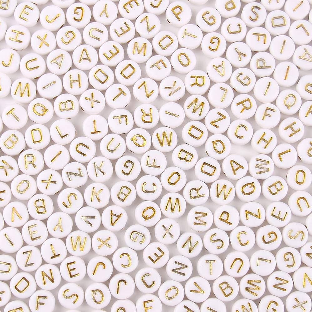 600pcs Acrylic Letter Beads Alphabet Gold Letters White Round Bead, 4x7mm, for Friendship Bracele... | Amazon (US)