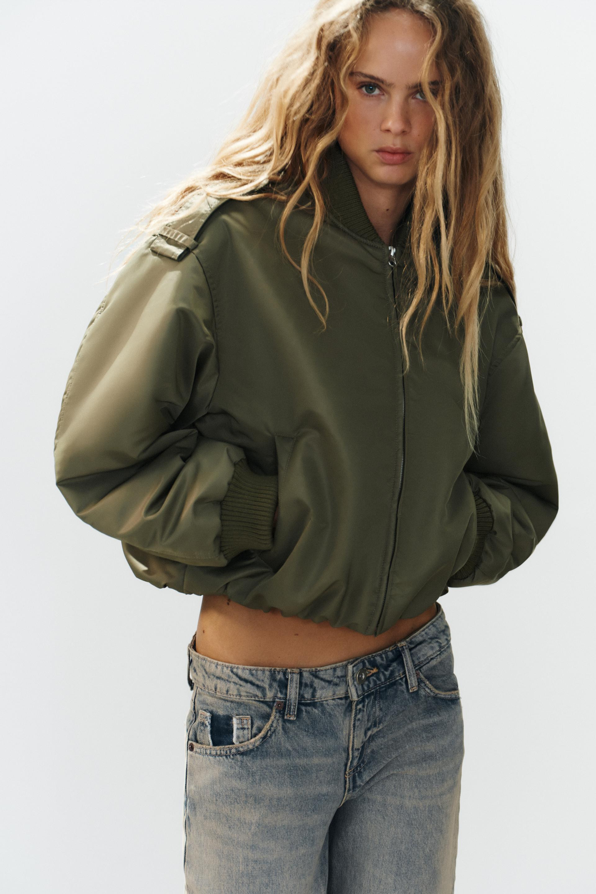 Zara - Bomber Jacket With Tabs - Dark Khaki - Xs - Woman | Zara US