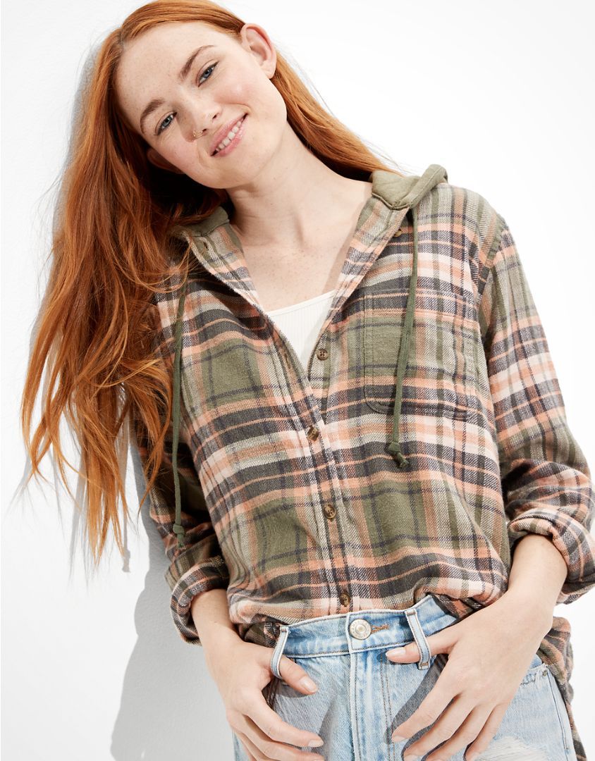 AE Oversized Hooded Flannel Shirt | American Eagle Outfitters (US & CA)