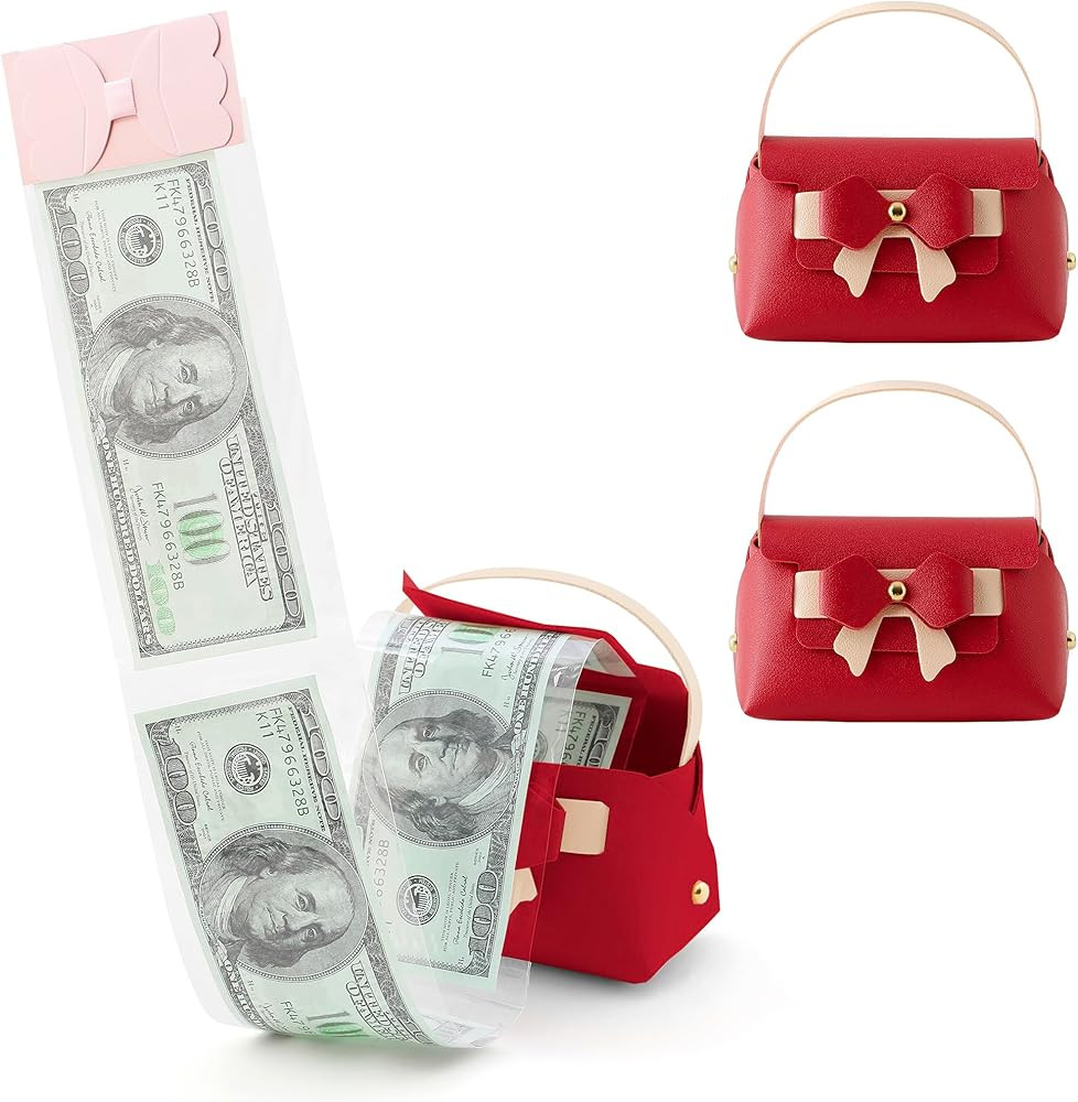 2 Pcs Money Pull Box for Cash, Leather Surprise Money Boxes Colorblock Bowknot Mini Handbag with ... | Amazon (US)