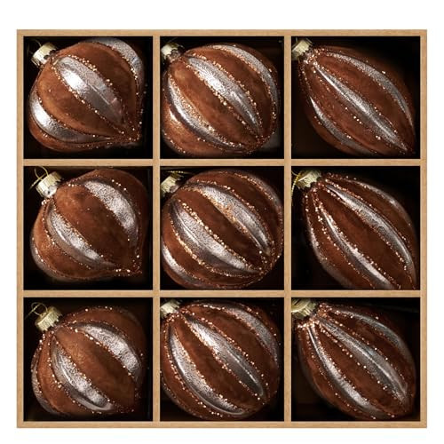 DN DECONATION Christmas Ball Ornaments, Flocked Velvet Hanging Ornament with Assorted Sizes & Designs, Brown Matte Glass Decor for Xmas Tree, Wreath & Vintage Home Party (9PCS) | Amazon (US)