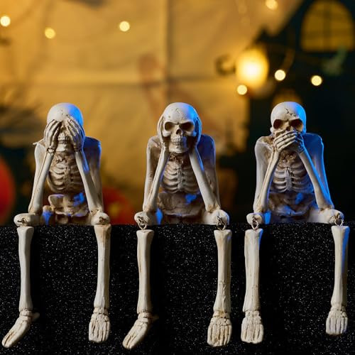 HOLIHIFI Halloween Decorations Indoor Skeleton Statues See Speak Hear No Evil Figurines for Mantel Table - Realistic Resin Skull Spooky Gothic Home Decor Set of 3 | Amazon (US)