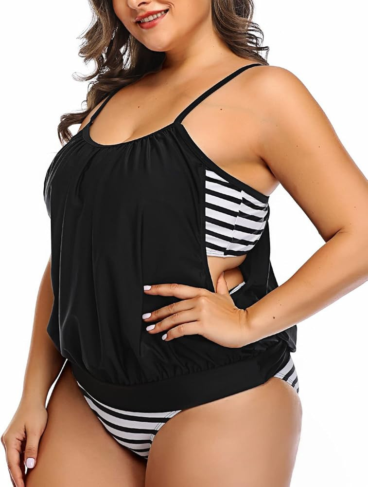 Daci Women Plus Size Two Piece Tankini Swimsuits with Shorts Blouson Double Up Tummy Control Bath... | Amazon (US)