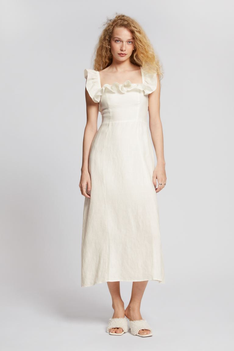 Ruffle Neck Linen Midi Dress | H&M (UK, MY, IN, SG, PH, TW, HK)