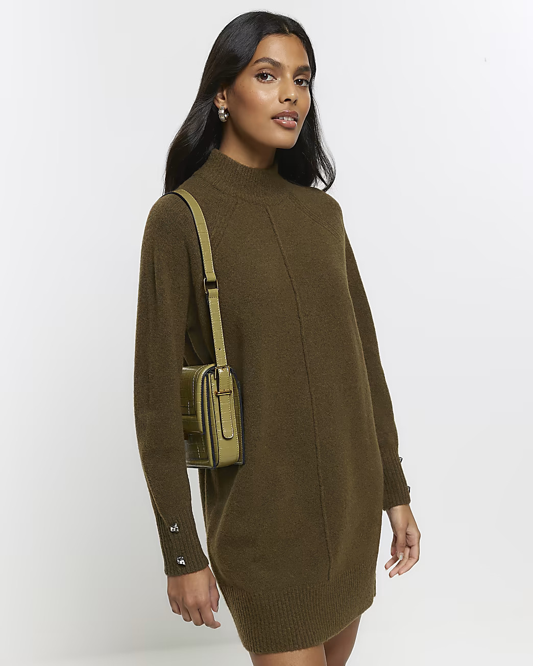 Khaki knitted cosy jumper mini dress | River Island (US)