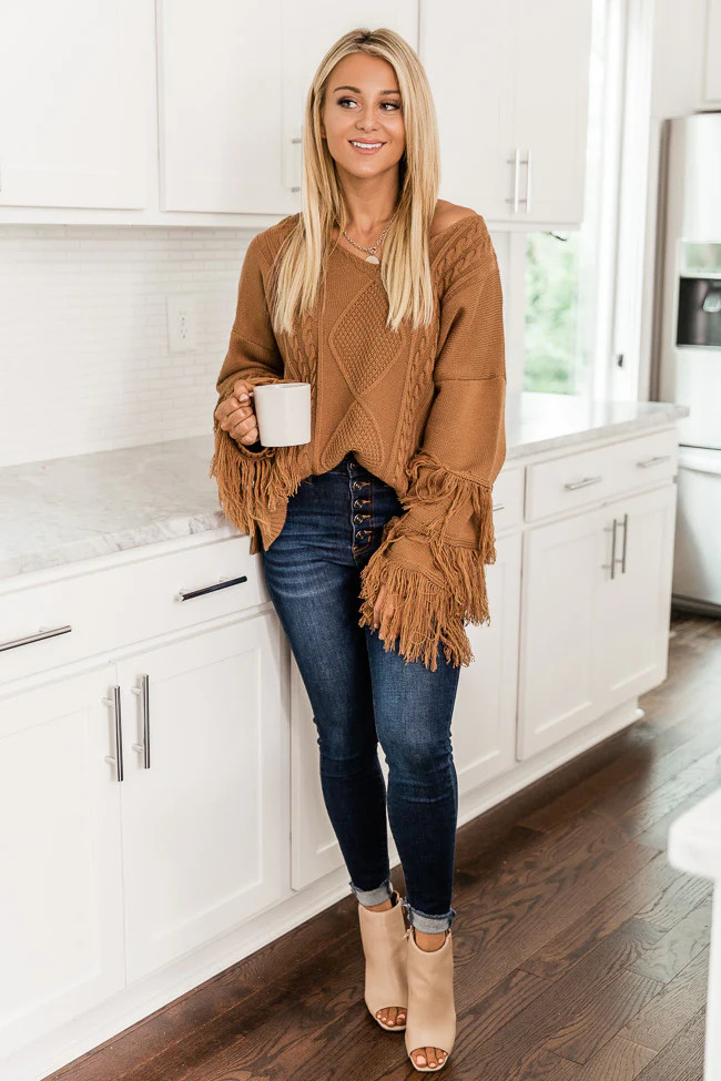 By The Firelight Brown Fringe Sweater | The Pink Lily Boutique