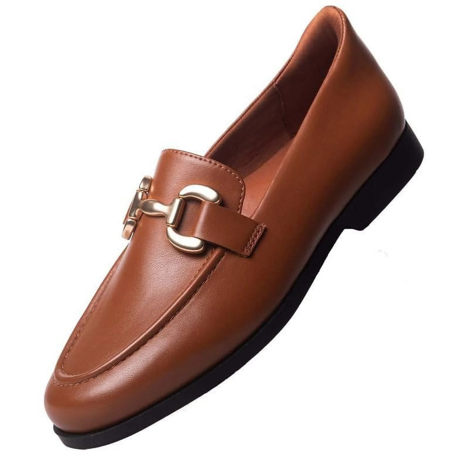 Womens Hands Free Slip On Fashion Classic Casual Comfort Buckle Loafers for Women Cognac | Walmart (US)