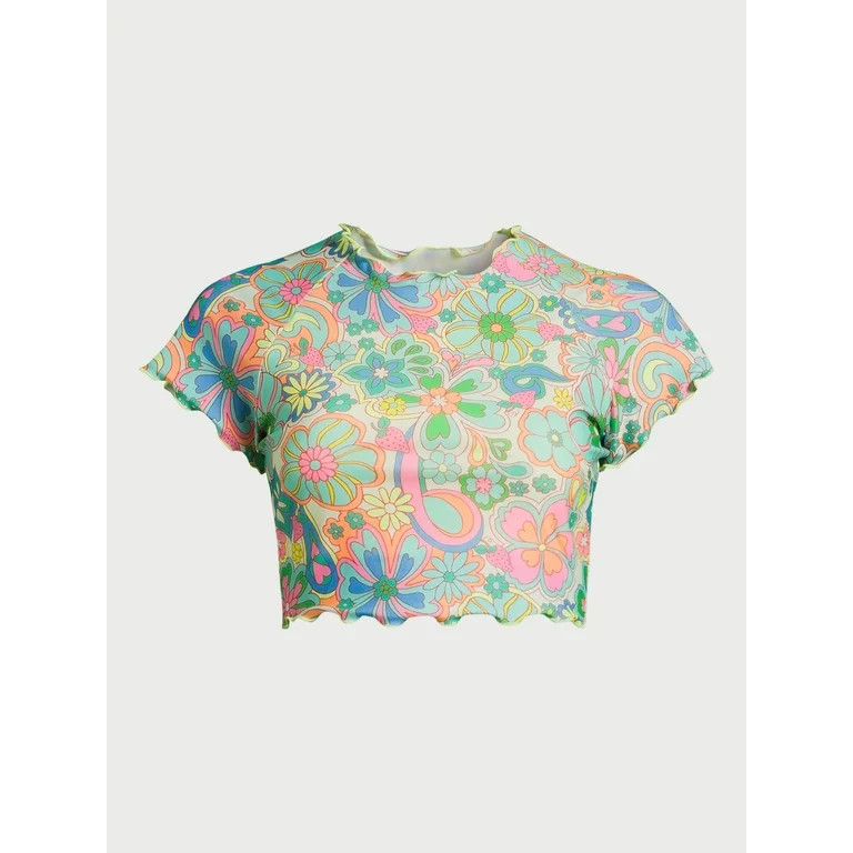 No Boundaries Juniors’ Floral Lettuce Edge Cropped Swim Top, Sizes XS-XL | Walmart (US)