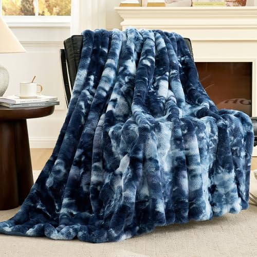 Cozy Bliss Deluxe Striped Rabbit Faux Fur Throw Blanket, Soft Fluffy Warm Plush Blanket for Winter, Modern Homr Decor, Tie-dye Blue 50"x60" | Amazon (US)