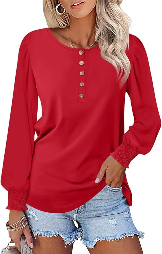Minetom Women's Long Sleeve Henley Tops Smocked Puff Sleeve Tops Casual Shirts Blouses | Amazon (US)