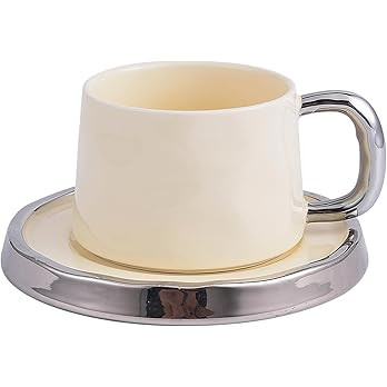8.4oz Solid Color Ceramic Coffee Cup with Saucer, Luxurious Tea Cup and Silver Edge Saucer Set fo... | Amazon (US)
