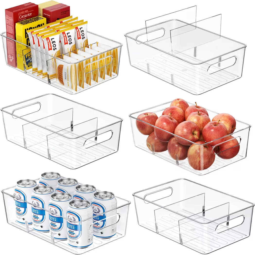 6 Pack Pantry Organizers and Storage,Clear Plastic Containers with 2 Dividers for Kitchen,Fridge ... | Amazon (US)