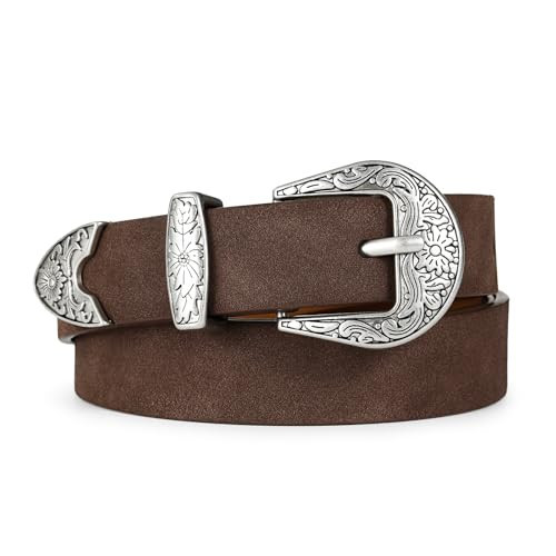 RISANTRY Brown Suede Western Belt for Women Trendy Cowboy Belt with Silver Buckle Fashionable Retro Waist Belt for Jeans | Amazon (US)
