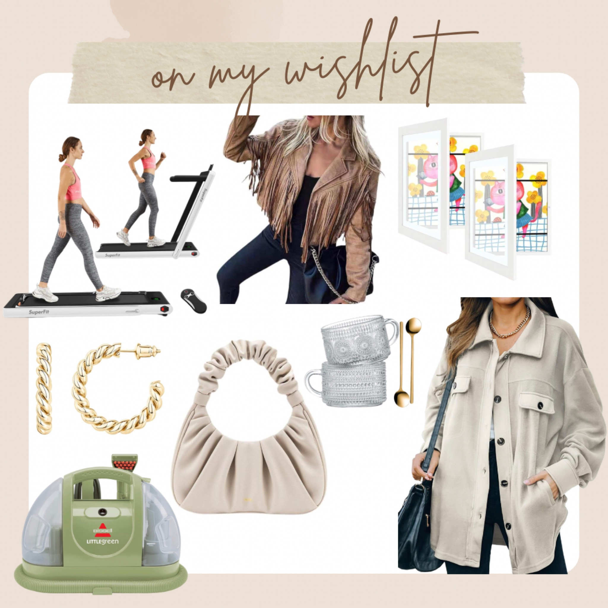 On my Amazon wishlist!! 

fringe jacket / FP inspired / under desk treadmill / walking treadmill / amazon finds / picture frames for kids artwork / gold hoop earrings / ruched hobo bag / shacket / Nashville looks / little green machine / bissel / vintage coffee mugs