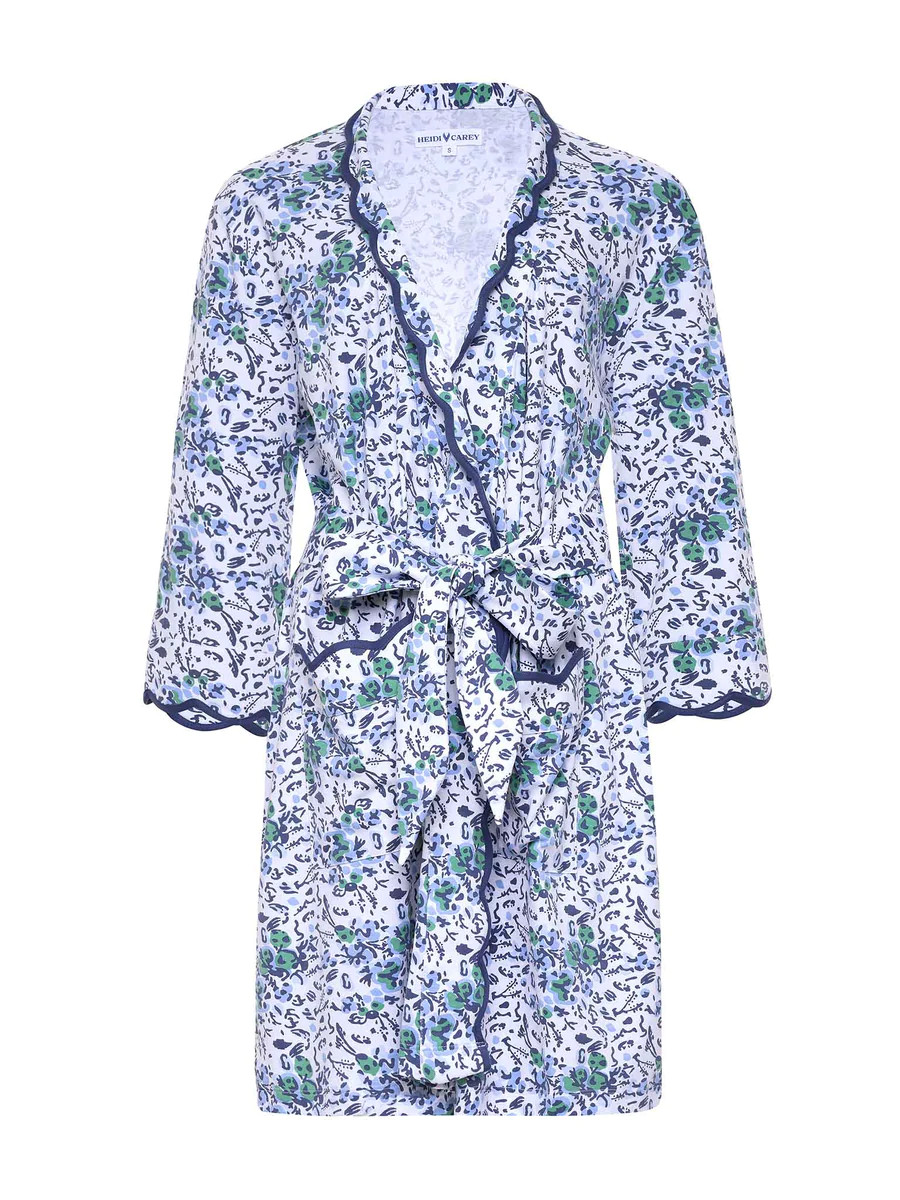 Blue Floral Pima Knit Short Classic Robe | Heidi Carey