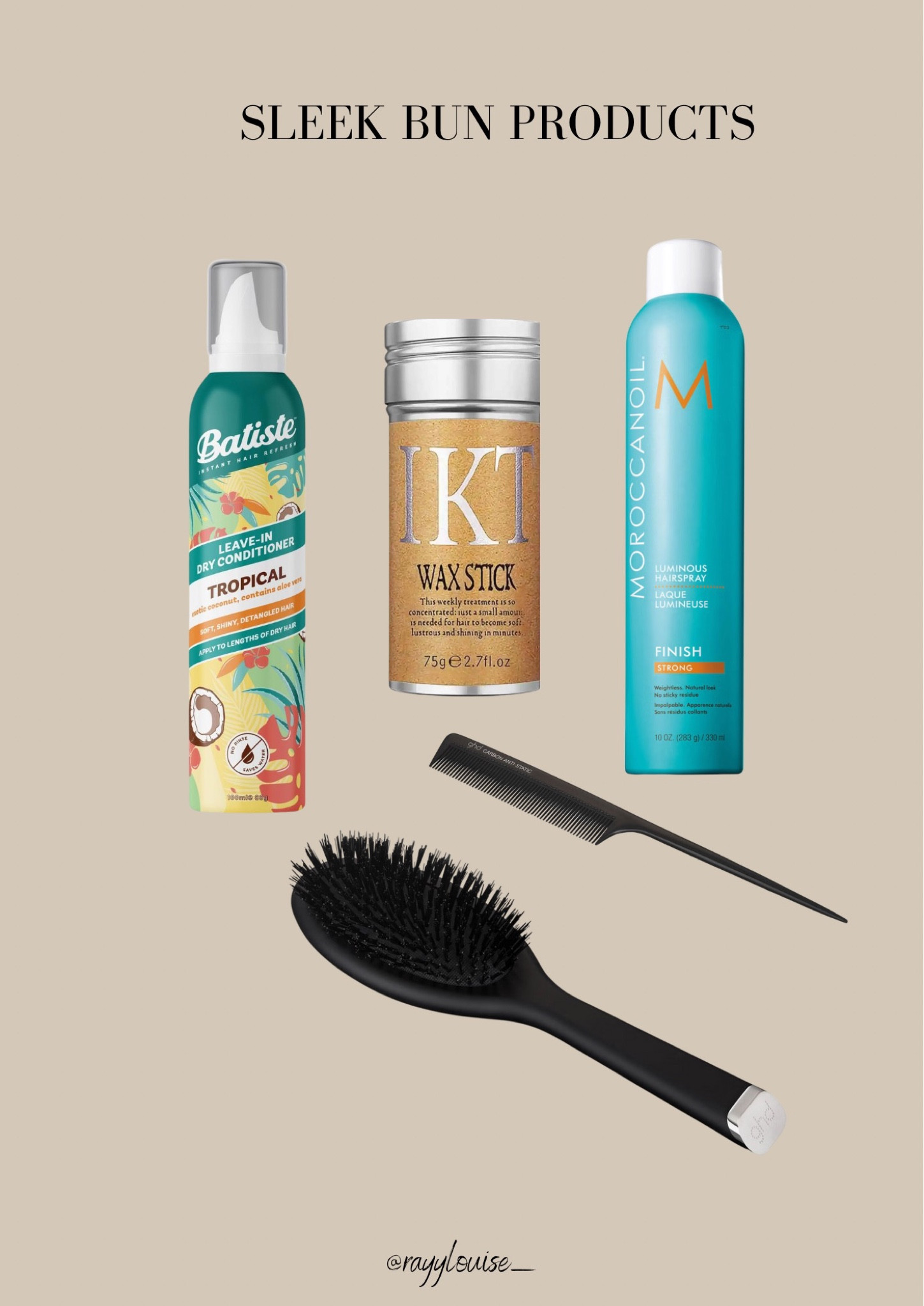 Sleek Bun Hair Products. GHD brush, Hair wax, Moroccan Oil hair spray, hair brush, Batiste Leave in conditioner, hair care  

#LTKuk #LTKbeauty #LTKeurope