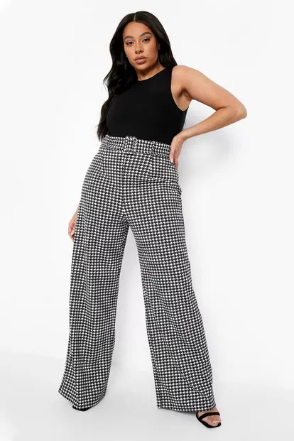 Plus Dogtooth Belted Wide Leg Pants | Boohoo.com (US & CA)