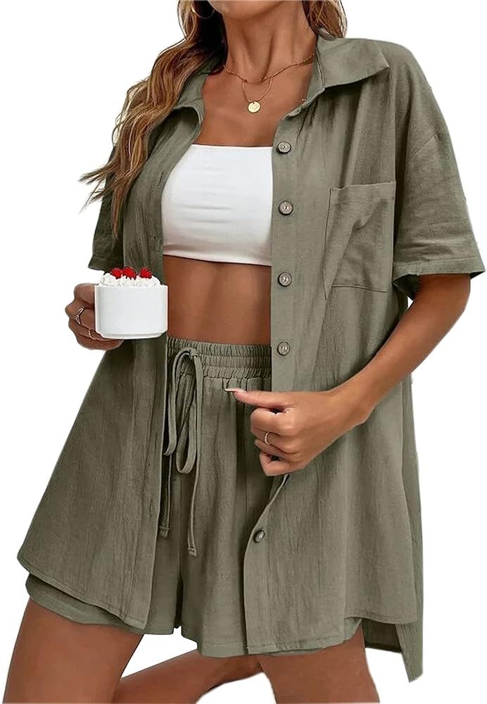 Womens Short Sleeve 2 Piece Tracksuit Outfit Sets Cotton Linen Shirt and High Waisted Mini Shorts... | Amazon (US)