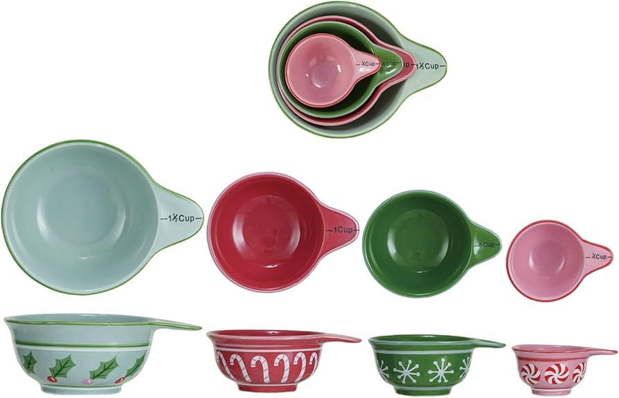 Creative Co-Op Stoneware Measuring Cups with Holiday Pattern, Multicolor | Amazon (US)