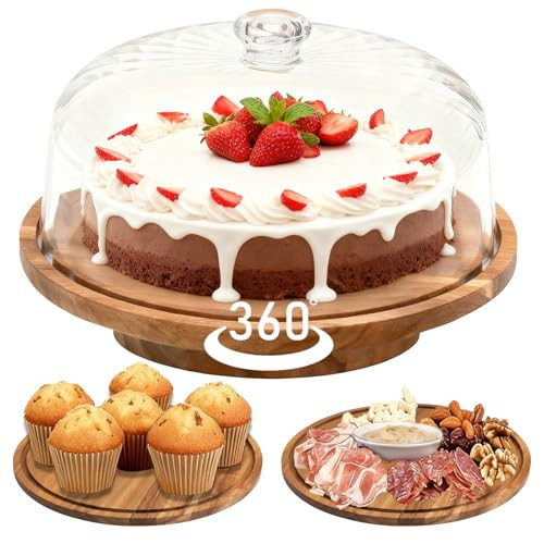 cutesun Cake Stand with Lid, Rotating Cake Stand with Lid & Dome, 11.8'' Acacia Wood Shatterproof 10.4'' Acrylic Cake Display Stand for Wedding, Birthday, Parties | Amazon (US)