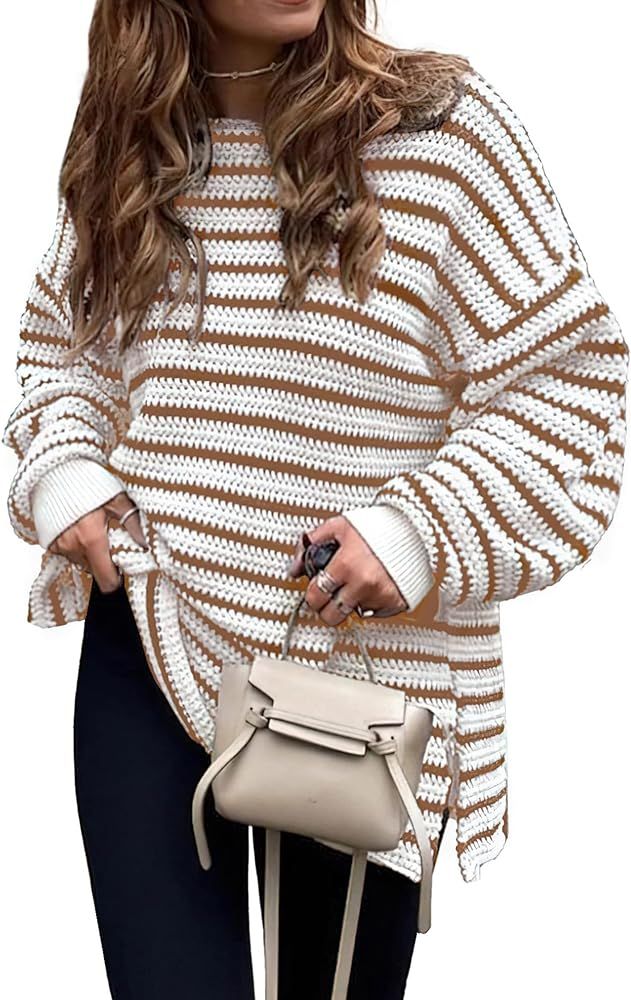 KIRUNDO Women's 2023 Fall Winter Oversized Long Sleeve Striped Sweater Casual Crewneck Side Split... | Amazon (US)
