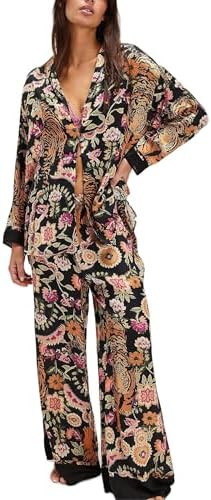 Womens Y2k Silk Pajama Sets Floral Print Long Sleeve Button Down Shirts Wide Leg Pants 2 Piece Lo... | Amazon (US)