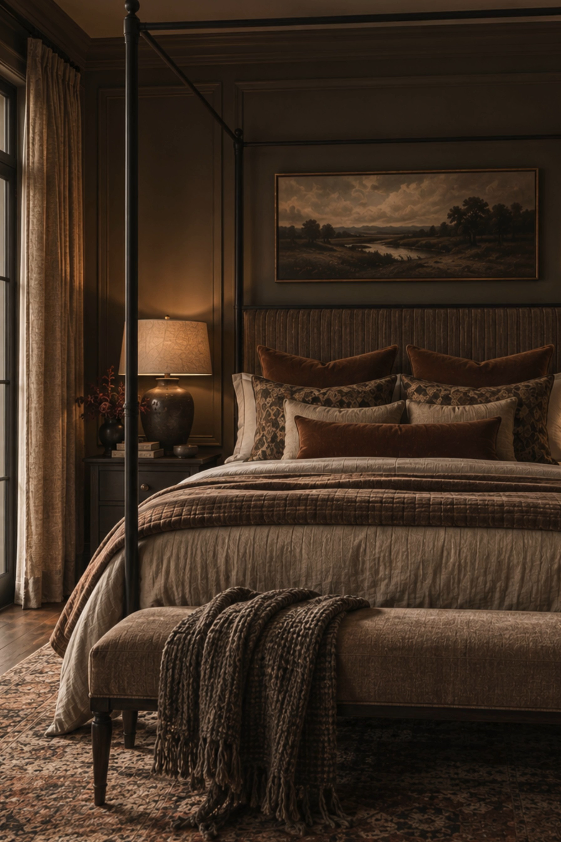 Moody Chocolate Brown Bedroom Inspiration 🤎 This luxurious fall bedroom layers deep espresso walls, warm caramel velvet, creamy linen, and rich vintage-inspired patterns for an elevated modern traditional look. The black four-poster canopy bed creates a dramatic focal point, while layered neutral bedding, quilted velvet coverlets, patterned pillows, oversized ceramic lamps, landscape artwork, and floor-to-ceiling curtains bring warmth and dimension. An upholstered bench, chunky knit throw, and antique-style Persian rug complete the cozy, collected aesthetic for a sophisticated dark bedroom refresh.

🖤 If you want to see more content like this, FOLLOW maeveandmodern on LTK, Instagram, and Pinterest! Check out our blog where we post daily, maeveandmodern.com!

Moody Bedroom | Chocolate Brown Bedroom | Fall Bedroom Decor | Dark Bedroom Ideas | Brown Bedroom Decor | Modern Traditional Bedroom | English Inspired Bedroom | Black Canopy Bed | Four Poster Bed | Dark Wall Color | Layered Bedding | Neutral Bedding | Velvet Coverlet | Brown Velvet Pillows | Patterned Throw Pillows | Upholstered Bedroom Bench | Chunky Knit Throw | Ceramic Table Lamps | Moody Landscape Art | Floor to Ceiling Curtains | Persian Style Rug | Vintage Inspired Rug | Earth Tone Bedroom | Cozy Fall Bedroom | Luxury Bedroom Inspiration | Designer Bedroom Decor 

 #LTKHome #LTKSaleAlert #LTKFindsUnder100 #LTKSeasonal
