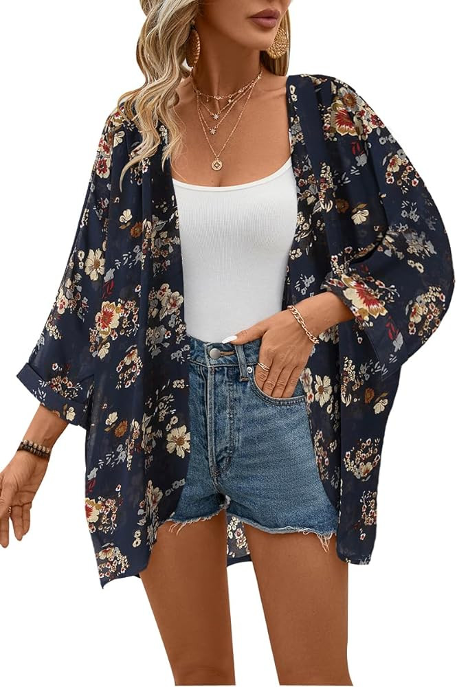 olrain Women's Floral Print Sheer Chiffon 3/4 Bat Sleeve Casual Loose Kimono Cardigan Capes | Amazon (US)