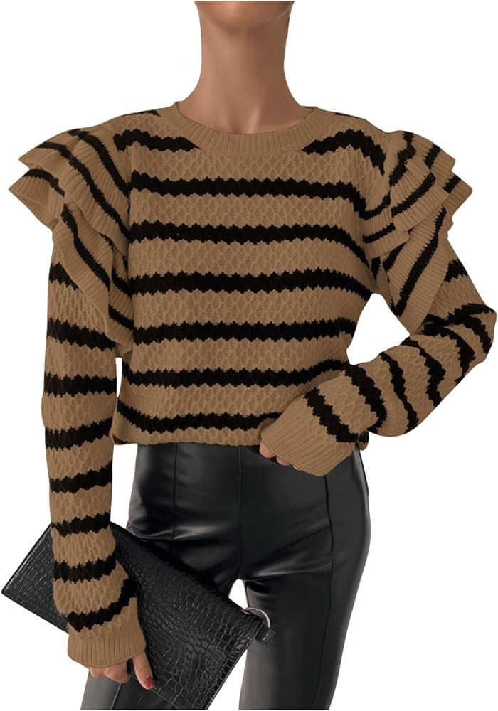 GORGLITTER Women's Cable Knit Striped Sweater Cute Crewneck Ruffle Sleeve Long Sleeve Tops Casual... | Amazon (US)