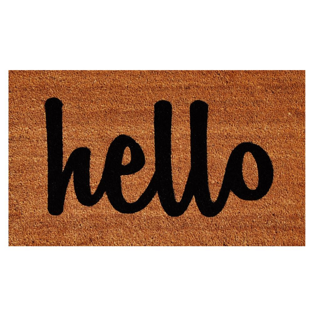 Hello Natural/Black Script 24 in. x 36 in. Door Mat | The Home Depot