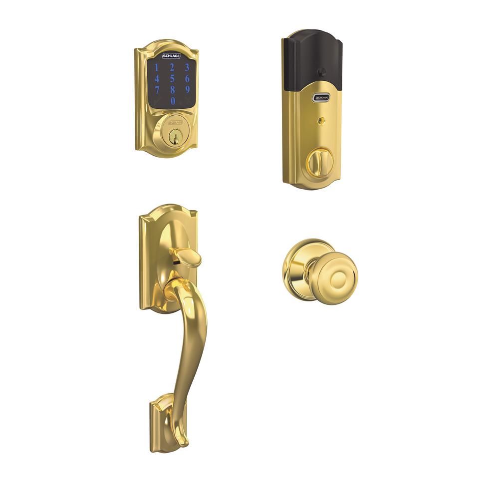 Camelot Bright Brass Connect Smart Lock with Alarm and Georgian Door Knob Handleset | The Home Depot