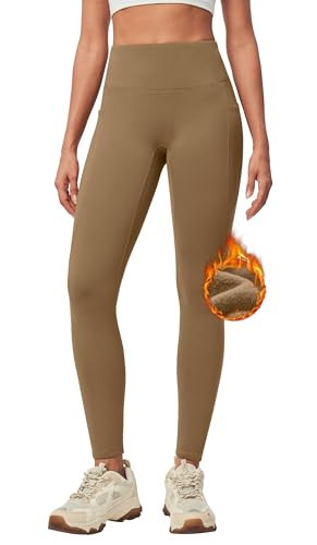 IUGA Women's Fleece Lined Leggings with Pockets Winter Warm Thermal Leggings for Women High Waisted Yoga Pants Khaki | Amazon (US)