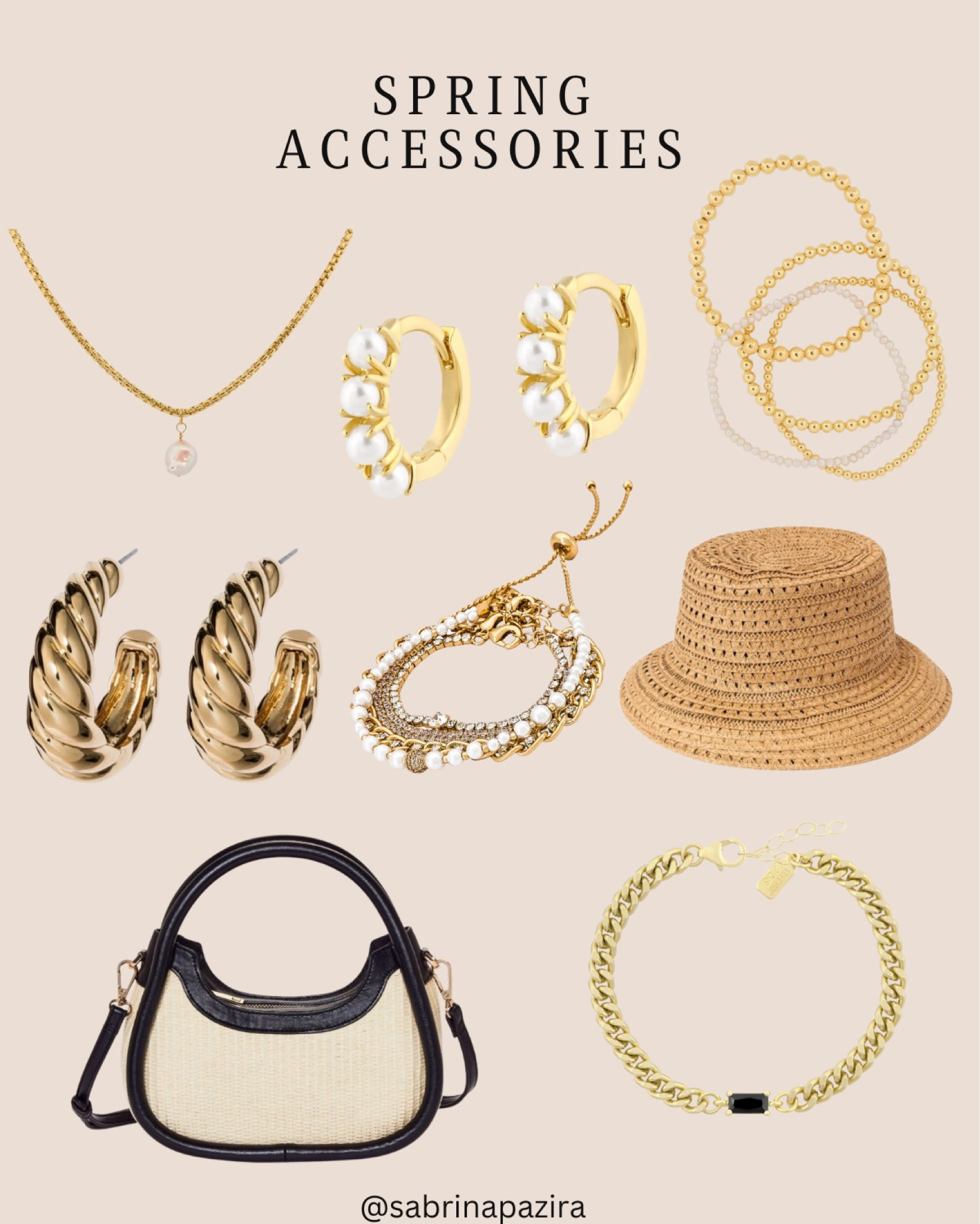 Spring accessories, gold necklace, pearl, hoops, gold beaded bracelets, twisted hoops, bracelets, straw hat, shoulder bag 

#LTKSeasonal #LTKunder100 #LTKstyletip