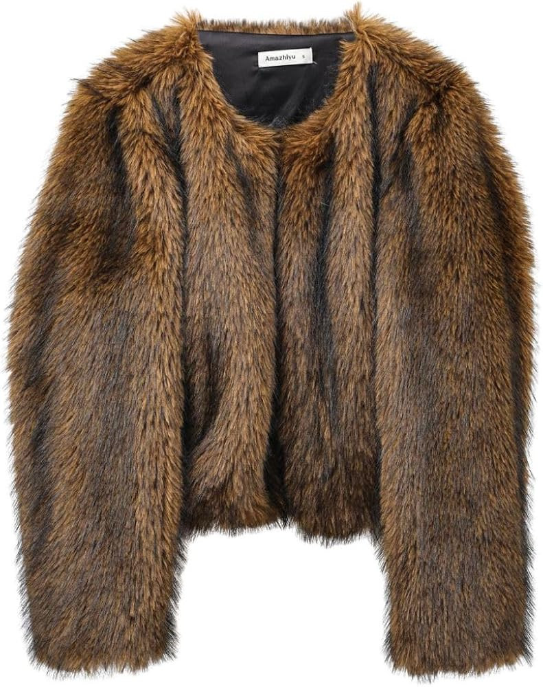 Amazhiyu Women's Faux Fur Long Sleeve Open-front Winter Cropped Coat with Pockets | Amazon (US)