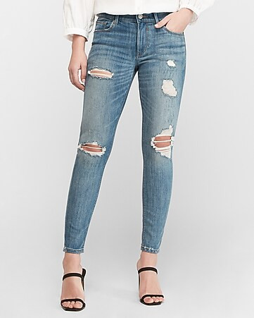 Mid Rise Medium Wash Ripped Ankle Skinny Jeans | Express